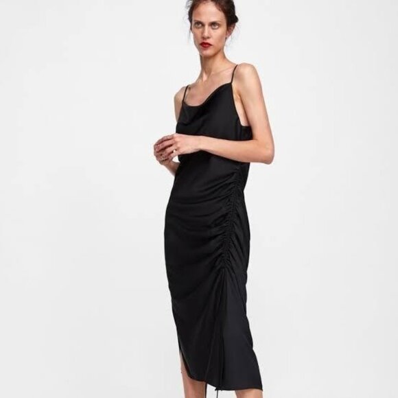 ZARA Basic Black Midi Slip Dress Cowl Neck Spaghetti Straps Sz M - Picture 1 of 14